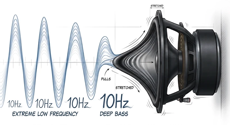 Loudspeaker cone pulled far outward by a 10 hertz tone, with the waveform of that extreme low frequency beside it